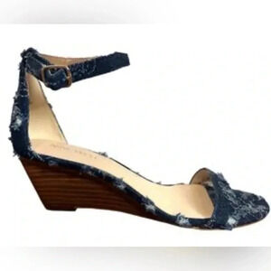 Nine West Blue Denim Sling  Back Open Toe Wedge Heels Size 7